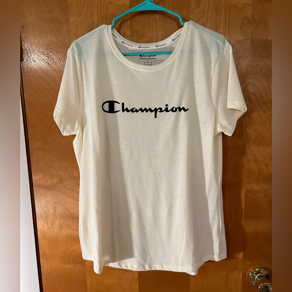Off white champion shirt cute and basic can go with most outfits in the size L